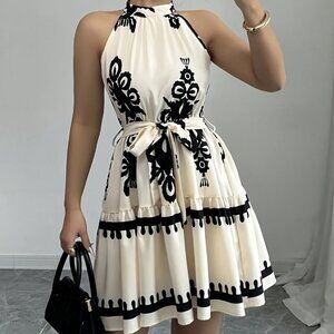 Black & White Halter Mini Dress | Tie Waist Fit & Flare Skater Dress | Size XL